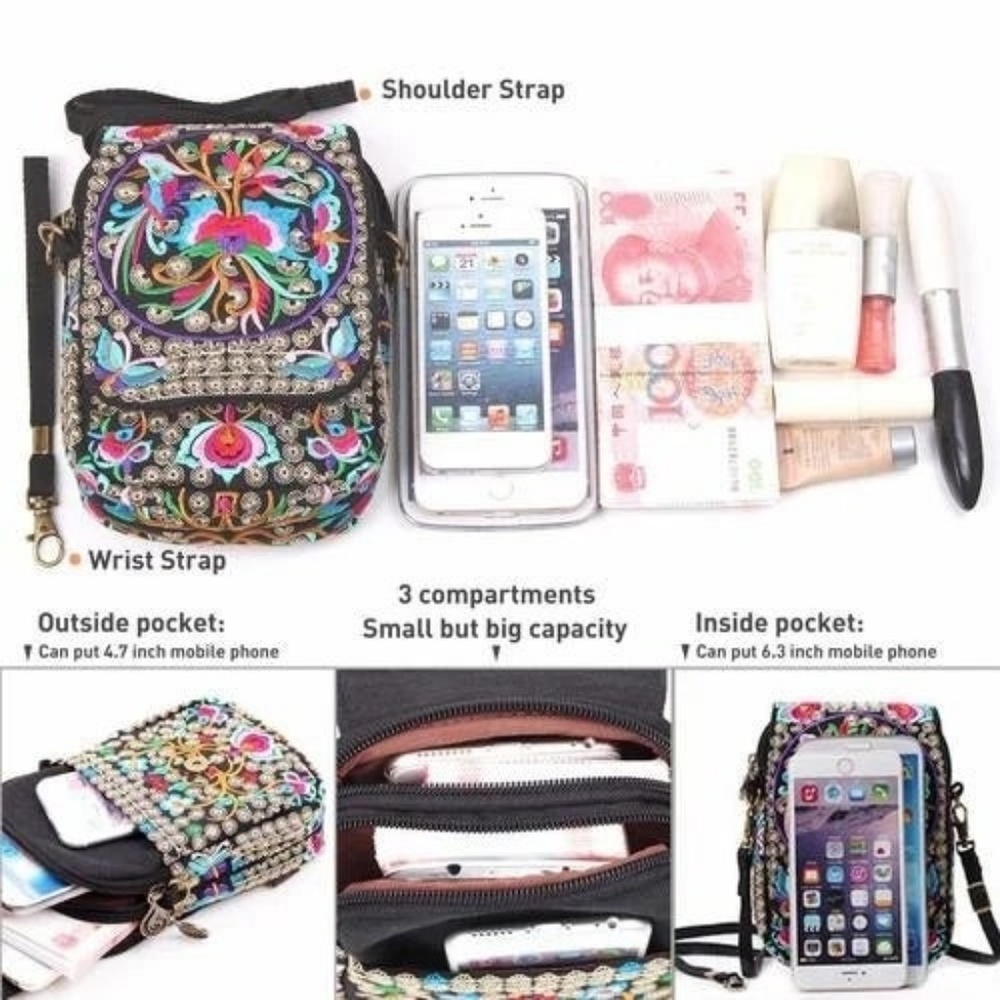💥SOLD IN STORE LOCATION💥LAST ONE! -Small Embroidered Cross Body Boho Phone Bag - Picture 4 of 9